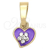 Oro Laminado Fancy Pendant, Gold Filled Style Heart and Flower Design, with White Crystal, Purple Enamel Finish, Golden Finish, 05.163.0081