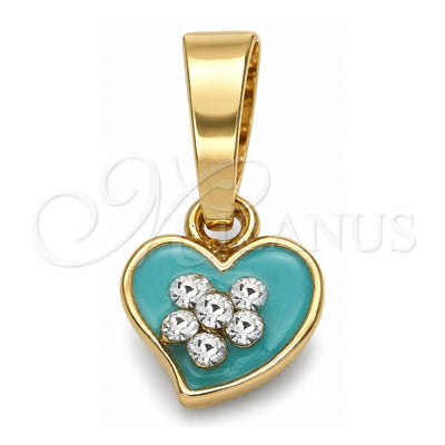 Oro Laminado Fancy Pendant, Gold Filled Style Heart and Flower Design, with White Crystal, Acqua Enamel Finish, Golden Finish, 05.163.0081.2