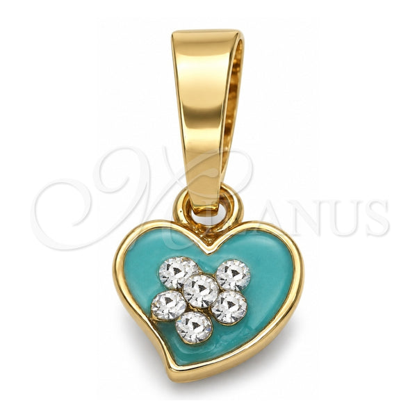 Oro Laminado Fancy Pendant, Gold Filled Style Heart and Flower Design, with White Crystal, Acqua Enamel Finish, Golden Finish, 05.163.0081.2