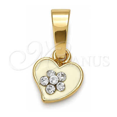 Oro Laminado Fancy Pendant, Gold Filled Style Heart and Flower Design, with White Crystal, White Enamel Finish, Golden Finish, 05.163.0081.5
