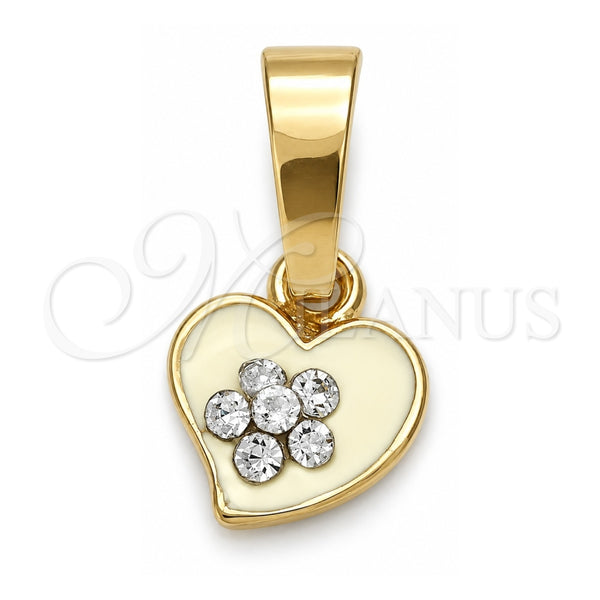 Oro Laminado Fancy Pendant, Gold Filled Style Heart and Flower Design, with White Crystal, White Enamel Finish, Golden Finish, 05.163.0081.5