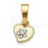 Oro Laminado Fancy Pendant, Gold Filled Style Heart and Flower Design, with White Crystal, White Enamel Finish, Golden Finish, 05.163.0081.5