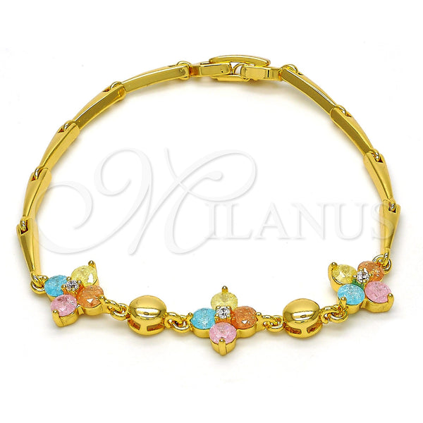 Gold Plated Bracelet — Fancy Bracelet Flower Design with Multicolor Cubic Zirconia — main product view — SKU 111404 | Chapa de Oro brazalete — elegante Bracelet flor diseño with Multicolor Cubic Zirconia — SKU 111404