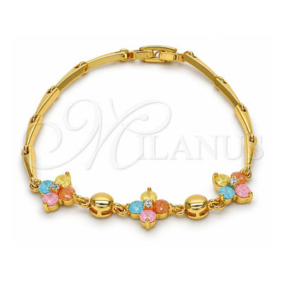 Oro Laminado Fancy Bracelet, Gold Filled Style Flower Design, with Multicolor Cubic Zirconia, Polished, Golden Finish, 03.213.0024.07 (03 MM Thickness, 7 Inches Length)