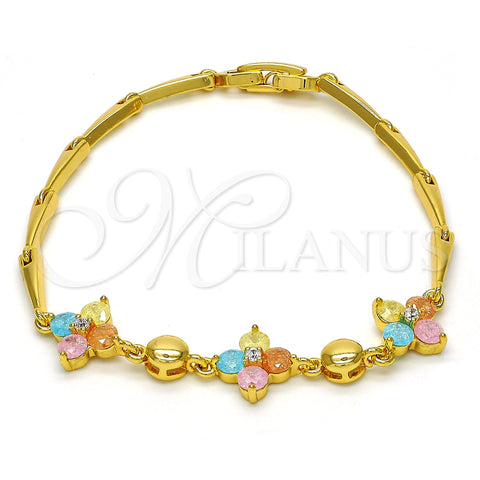 Gold Tone Fancy Bracelet, Flower Design, with Multicolor Cubic Zirconia, Polished, Golden Finish, 03.213.0024.07.GT (03 MM Thickness, 7 Inches Length)