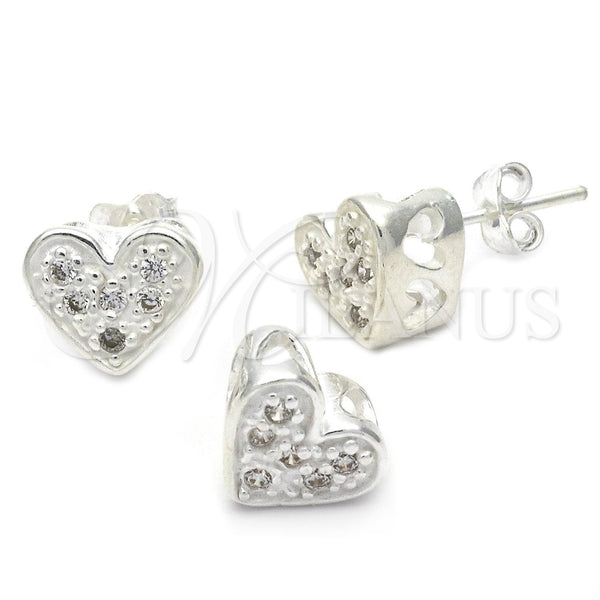Sterling Silver Earring and Pendant Adult Set, Heart Design, with White Cubic Zirconia, Polished, Silver Finish, 10.166.0017