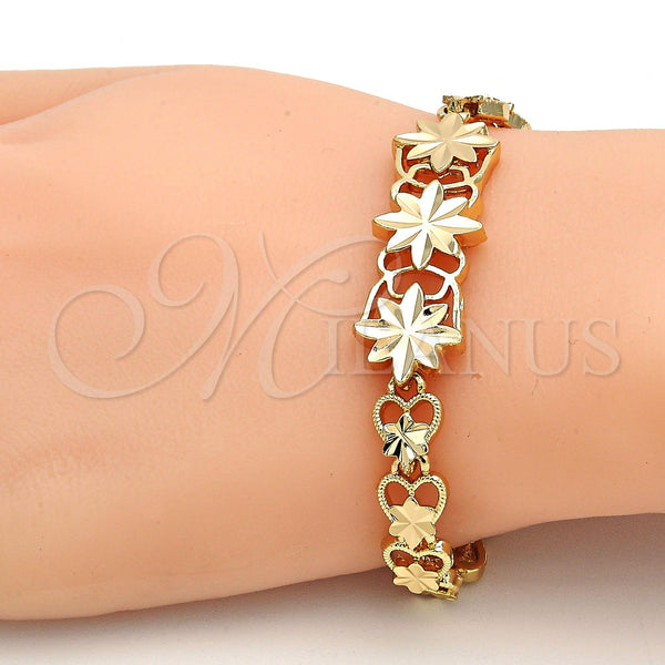 Gold Plated Bracelet — Fancy Bracelet Flower and Heart Design Diamond Cutting — alternate product view — SKU 111530 | Chapa de Oro brazalete — elegante Bracelet flor and corazón diseño Diamond Cutting — SKU 111530