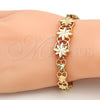 Gold Tone Fancy Bracelet, Flower and Heart Design, Diamond Cutting Finish, Golden Finish, 03.192.0030.07.GT (08 MM Thickness, 7 Inches Length)