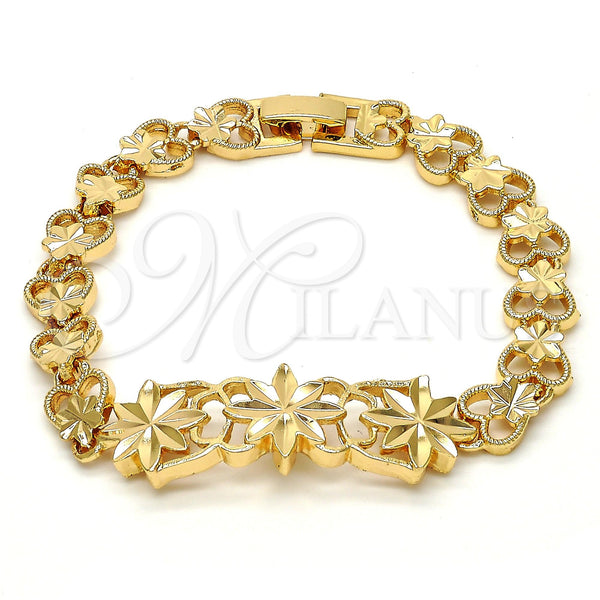 Gold Plated Bracelet — Fancy Bracelet Flower and Heart Design Diamond Cutting — main product view — SKU 111530 | Chapa de Oro brazalete — elegante Bracelet flor and corazón diseño Diamond Cutting — SKU 111530