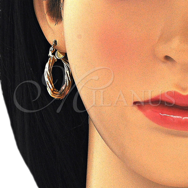 Gold Filled Hoop Earrings — Small Hoop Hollow and Twist Design Polished Tricolor — alternate product view — SKU 111574 | Oro Laminado aretes de aro — Small Hoop Hollow and Twist diseño pulido Tricolor — SKU 111574
