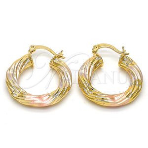 Gold Filled Hoop Earrings — Small Hoop Hollow and Twist Design Polished Tricolor — main product view — SKU 111574 | Oro Laminado aretes de aro — Small Hoop Hollow and Twist diseño pulido Tricolor — SKU 111574