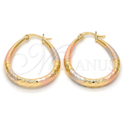 Oro Laminado Medium Hoop, Gold Filled Style Teardrop and Hollow Design, Diamond Cutting Finish, Tricolor, 02.170.0083.1.30