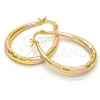 Oro Laminado Medium Hoop, Gold Filled Style Teardrop and Hollow Design, Diamond Cutting Finish, Tricolor, 02.170.0061.1.30