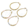 Oro Laminado Medium Hoop, Gold Filled Style Teardrop and Hollow Design, Diamond Cutting Finish, Tricolor, 02.170.0061.1.30