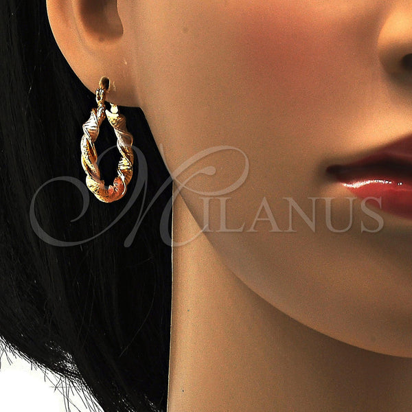 Gold Filled Hoop Earrings — Small Hoop Twist Design Matte Tricolor 02. — alternate product view — SKU 111584 | Oro Laminado aretes de aro — Small Hoop Twist diseño Matte Tricolor 02. — SKU 111584