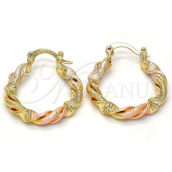 Gold Filled Hoop Earrings — Small Hoop Twist Design Matte Tricolor 02. — main product view — SKU 111584 | Oro Laminado aretes de aro — Small Hoop Twist diseño Matte Tricolor 02. — SKU 111584