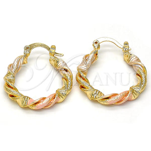 Gold Filled Hoop Earrings — Small Hoop Twist Design Matte Tricolor 02. — main product view — SKU 111584 | Oro Laminado aretes de aro — Small Hoop Twist diseño Matte Tricolor 02. — SKU 111584