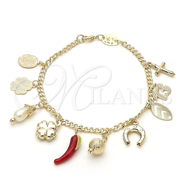 Oro Laminado Charm Bracelet, Gold Filled Style Four-leaf Clover and Cross Design, with Ivory Pearl, Polished, Golden Finish, 03.32.0069.07