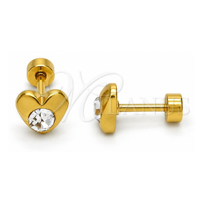 Stainless Steel Stud Earring, Heart Design, with White Crystal, Polished, Golden Finish, 02.271.0004