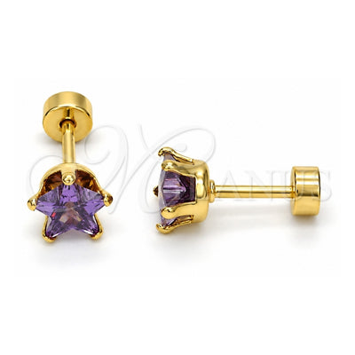 Stainless Steel Stud Earring, Star Design, with Amethyst Cubic Zirconia, Polished, Golden Finish, 02.271.0006