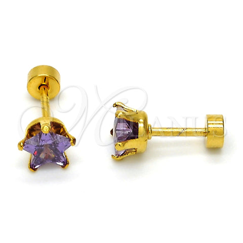 Stainless Steel Stud Earring, Star Design, with Amethyst Cubic Zirconia, Polished, Golden Finish, 02.271.0006