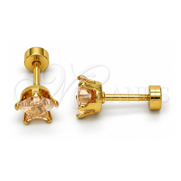 Stainless Steel Stud Earring, Star Design, with Champagne Cubic Zirconia, Polished, Golden Finish, 02.271.0006.5