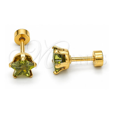Stainless Steel Stud Earring, Star Design, with Dark Peridot Cubic Zirconia, Polished, Golden Finish, 02.271.0006.10
