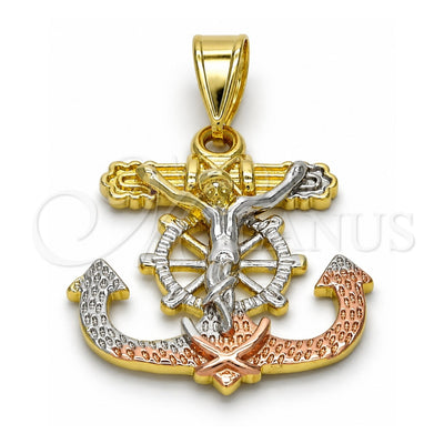 Oro Laminado Religious Pendant, Gold Filled Style Crucifix and Anchor Design, Polished, Tricolor, 05.253.0003