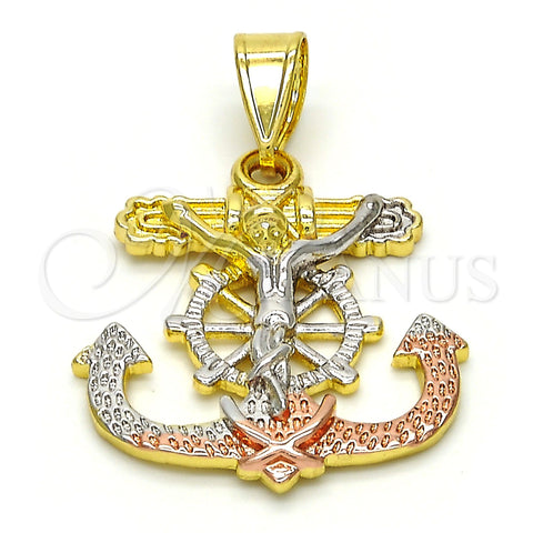 Oro Laminado Religious Pendant, Gold Filled Style Crucifix and Anchor Design, Polished, Tricolor, 05.253.0003