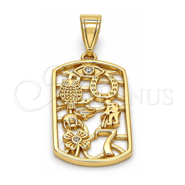 Oro Laminado Religious Pendant, Gold Filled Style Owl and Little Boy Design, with White Cubic Zirconia, Polished, Golden Finish, 05.253.0006