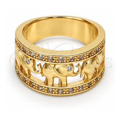 Oro Laminado Multi Stone Ring, Gold Filled Style Elephant Design, with White Cubic Zirconia, Polished, Golden Finish, 01.253.0010.07 (Size 7)