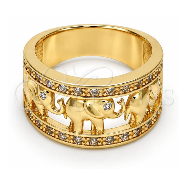 Oro Laminado Multi Stone Ring, Gold Filled Style Elephant Design, with White Cubic Zirconia, Polished, Golden Finish, 01.253.0010.07 (Size 7)