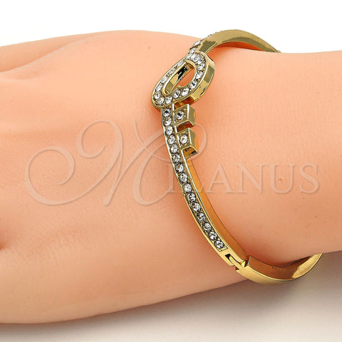 Gold Tone Individual Bangle, Heart and key Design, with White Crystal, Polished, Golden Finish, 07.252.0022.04.GT (04 MM Thickness, One size fits all)
