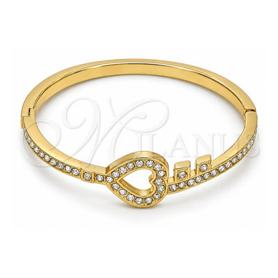 Gold Tone Individual Bangle, Heart and key Design, with White Crystal, Polished, Golden Finish, 07.252.0022.04.GT (04 MM Thickness, One size fits all)