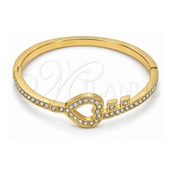 Gold Tone Individual Bangle, Heart and key Design, with White Crystal, Polished, Golden Finish, 07.252.0022.04.GT (04 MM Thickness, One size fits all)