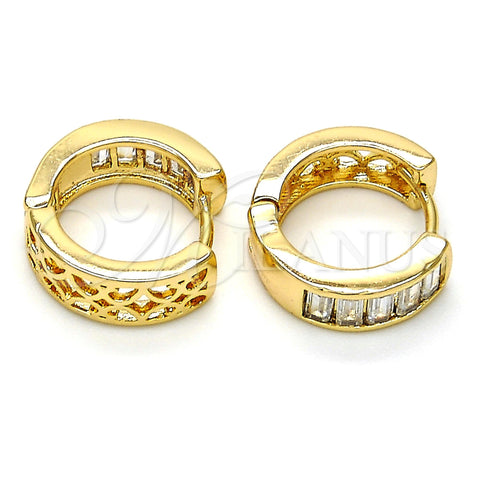 Oro Laminado Huggie Hoop, Gold Filled Style Baguette Design, with White Cubic Zirconia, Polished, Golden Finish, 02.210.0032.15