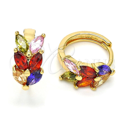 Oro Laminado Huggie Hoop, Gold Filled Style Leaf Design, with Multicolor Cubic Zirconia, Polished, Golden Finish, 02.210.0033.1.15