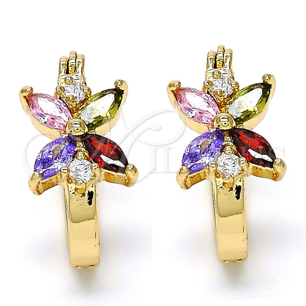 Gold Filled Hoop Earrings — Small Hoop Flower Design with Multicolor Cubic Zirconia — main product view — SKU 111822 | Oro Laminado aretes de aro — Small Hoop flor diseño with Multicolor Cubic Zirconia — SKU 111822