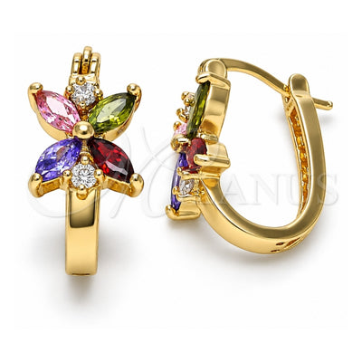 Oro Laminado Small Hoop, Gold Filled Style Flower Design, with Multicolor Cubic Zirconia, Polished, Golden Finish, 02.210.0034.1.15