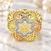 Oro Laminado Multi Stone Ring, Gold Filled Style Flower Design, with White Micro Pave, Polished, Tricolor, 01.26.0002.09 (Size 9)