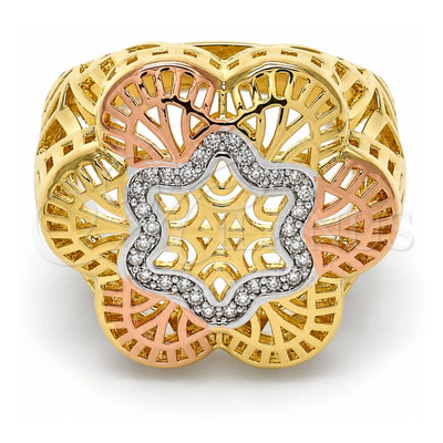 Oro Laminado Multi Stone Ring, Gold Filled Style Flower Design, with White Micro Pave, Polished, Tricolor, 01.26.0002.09 (Size 9)