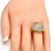 Oro Laminado Multi Stone Ring, Gold Filled Style Flower Design, with White Micro Pave, Polished, Tricolor, 01.26.0004.09 (Size 9)