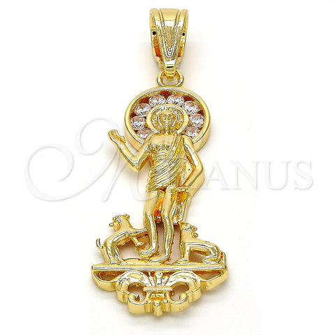 Oro Laminado Religious Pendant, Gold Filled Style San Lazaro Design, with White Cubic Zirconia, Polished, Golden Finish, 05.120.0059