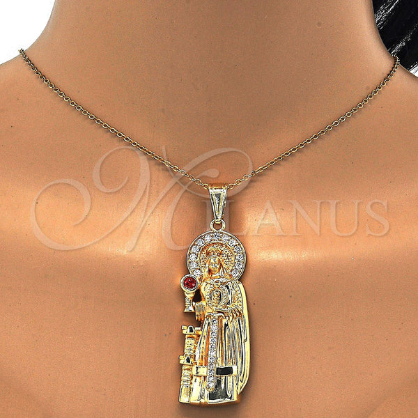 Gold Filled Pendant — Religious Pendant Santa Barbara Design with Garnet and — alternate product view — SKU 111922 | Oro Laminado dije — Religious Pendant Santa Barbara diseño with Garnet and — SKU 111922