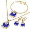 Oro Laminado Necklace, Bracelet and Earring, Gold Filled Style Elephant Design, with White Crystal, Blue Enamel Finish, Golden Finish, 06.63.0182.5.GT