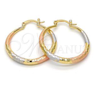 Gold Filled Hoop Earrings — Medium Hoop Hollow Design Diamond Cutting Tricolor 02. — main product view — SKU 111970 | Oro Laminado aretes de aro — Medium Hoop Hollow diseño Diamond Cutting Tricolor 02. — SKU 111970