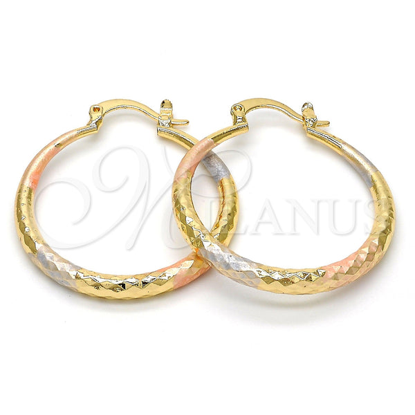 Gold Filled Hoop Earrings — Medium Hoop Hollow Design Diamond Cutting Tricolor 02. — main product view — SKU 111974 | Oro Laminado aretes de aro — Medium Hoop Hollow diseño Diamond Cutting Tricolor 02. — SKU 111974