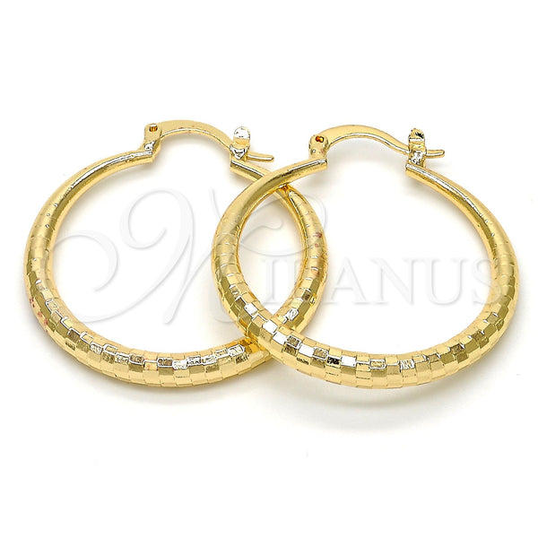 Gold Filled Hoop Earrings — Medium Hoop Hollow Design Diamond Cutting 02. — main product view — SKU 111978 | Oro Laminado aretes de aro — Medium Hoop Hollow diseño Diamond Cutting 02. — SKU 111978
