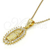Oro Laminado Religious Pendant, Gold Filled Style Guadalupe Design, with White Cubic Zirconia, Polished, Golden Finish, 05.120.0061