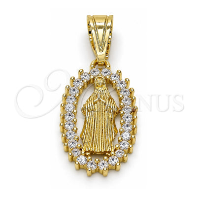 Oro Laminado Religious Pendant, Gold Filled Style Guadalupe Design, with White Cubic Zirconia, Polished, Golden Finish, 05.120.0061